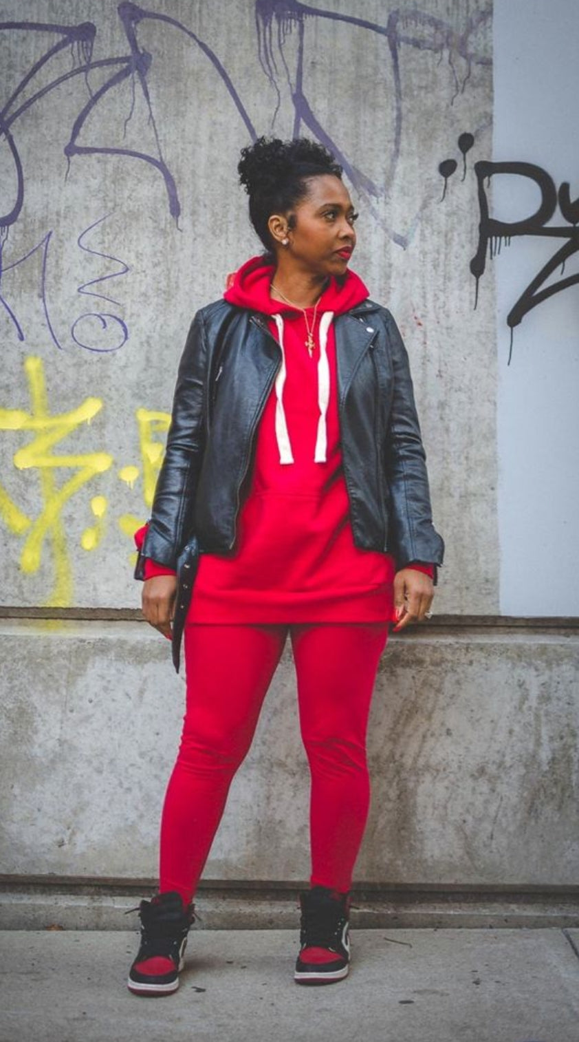 RED HOODIE WITH MATCHING LEGGINGS